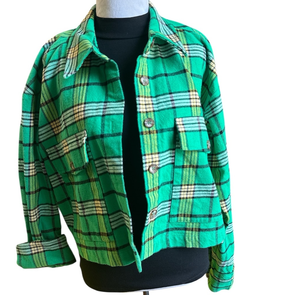 Good American Teal and Yellow Plaid Shirt